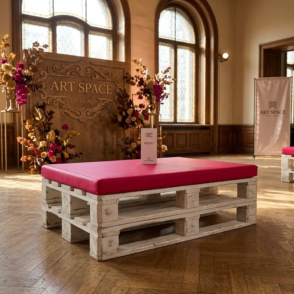 Аренда бело-красной оттоманки из паллет в Сочи — ART SPACE