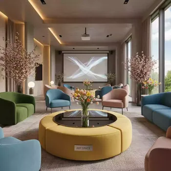 Аренда Пуф стол малый НОРМАН лимонный с зеркальной столешницей в Green Flow Hotel — ART SPACE