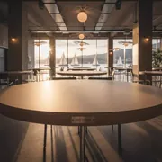 Аренда Столешница круглая Werzalit D800 орех на парусной регате (Сочи) — ART SPACE