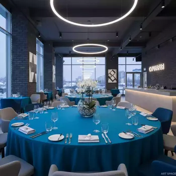 Аренда Скатерть круглая Pantone 571 U бирюзовая в ресторане «Сыроварня» — ART SPACE
