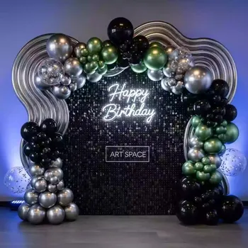 Аренда Фотозона черная из пайеток с шарами и вывеской Happy Birthday в Сириус Арене — ART SPACE