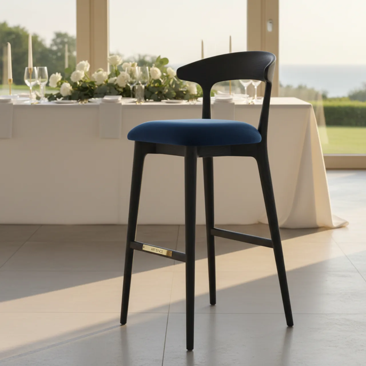 Стул Такер полубарный с подушкой синий велюр черная морилка
