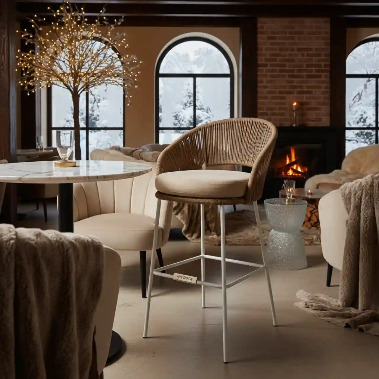 Стул барный плетеный Марсель сталь белый коричневый круглый роуп бежевая ткань