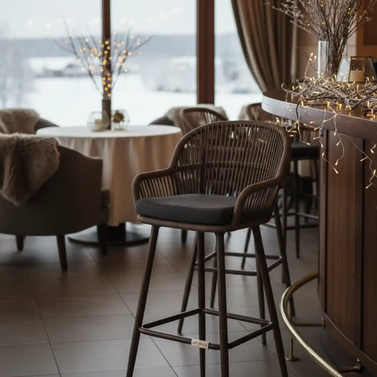 Стул барный плетеный круглый Марсель роуп коричневый каркас коричневый RAL ткань темно серая