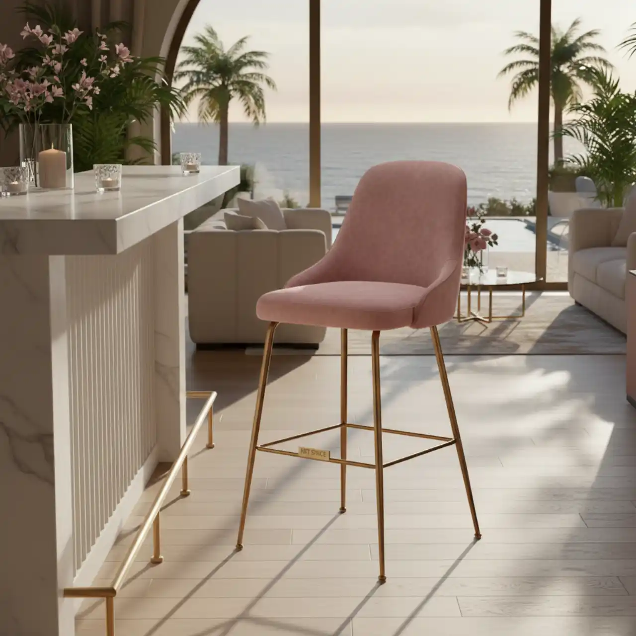 Стул барный Маллин розовый вельвет металлические ножки