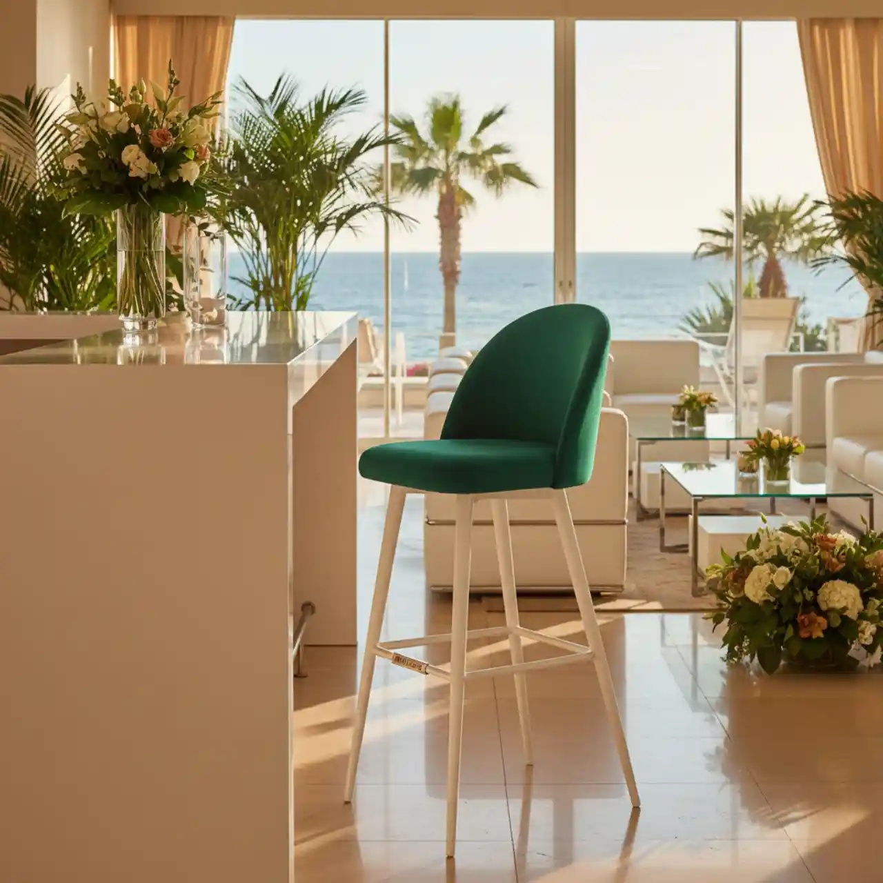 Стул барный Kongsberg зеленый велюр белые ножки