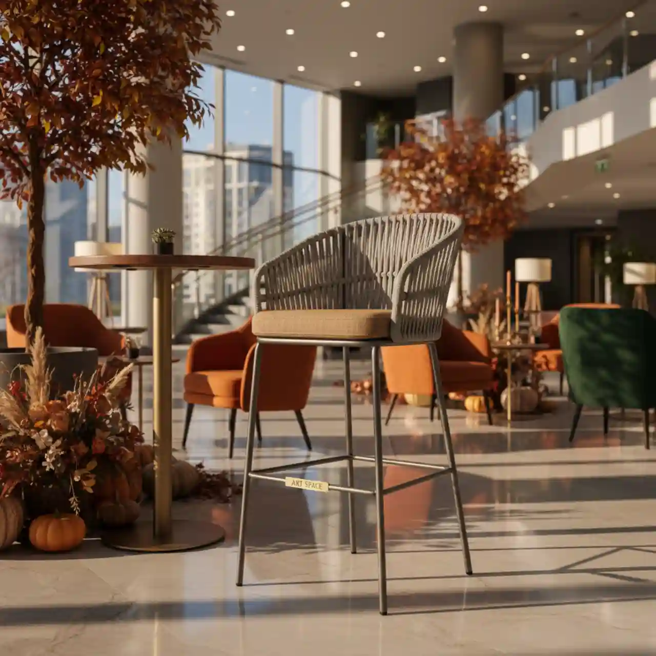 Барный стул плетеный из светло серого роупа Марсель стальной каркас ткань