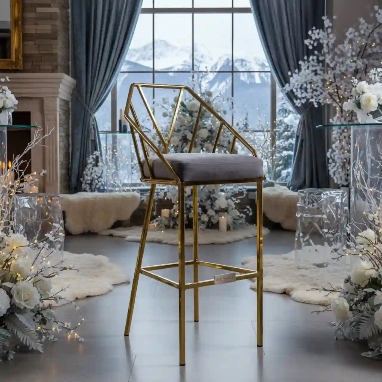 Барный стул золотой с серой подушкой Austin white