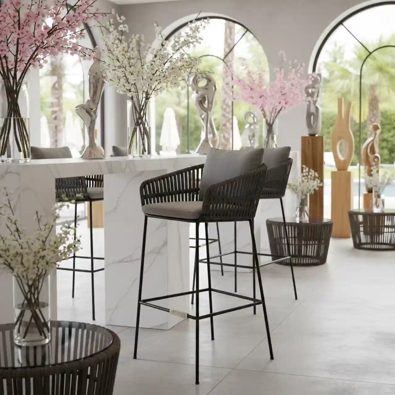 Барный стул Бордо плетеный сталь роуп ткань серый