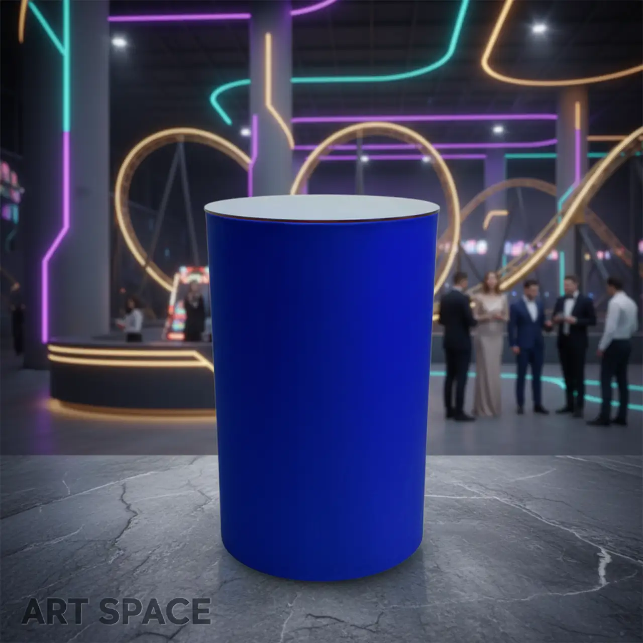 Столы коктейльные БОЧКА с синим чехлом и СТЕКЛЯННОЙ столешницей.