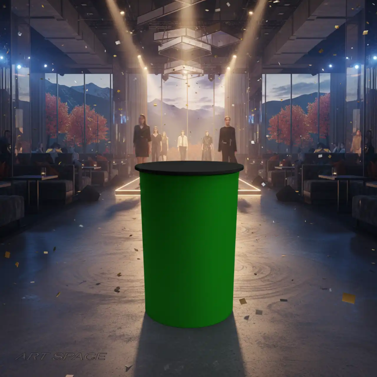 Столы коктейльные БОЧКА с зеленым чехлом и столешницей МДФ черного цвета