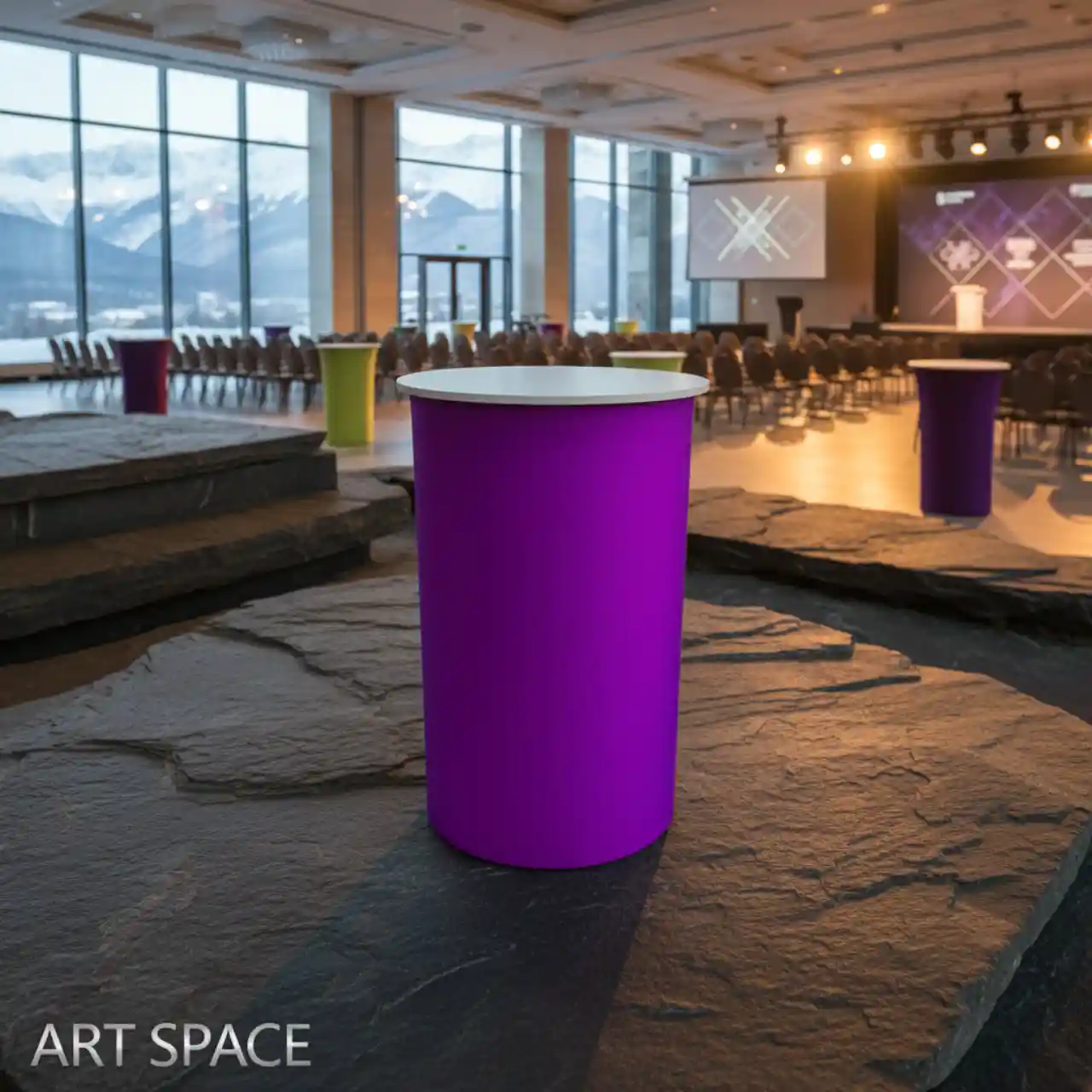 Столы коктейльные БОЧКА с фиолетовым чехлом и столешницей МДФ белого цвета