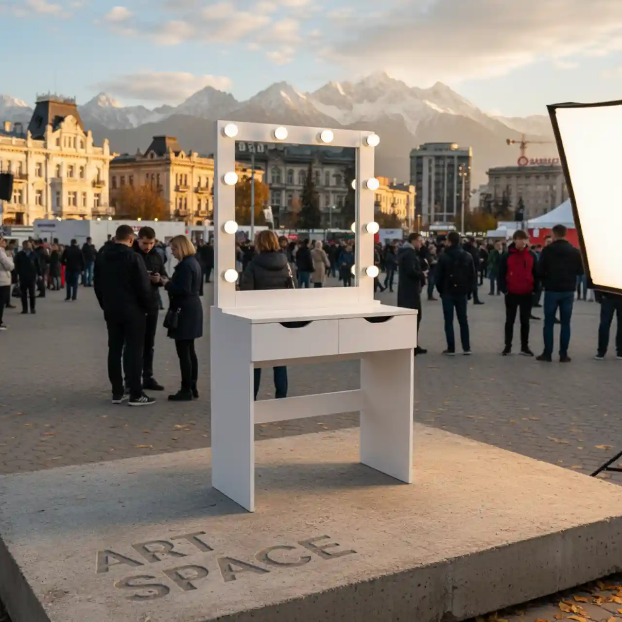 Гримерные столы для визажиста MAKE UP - ЛДСП с зеркалом, подсветкой, широкие, белого цвета