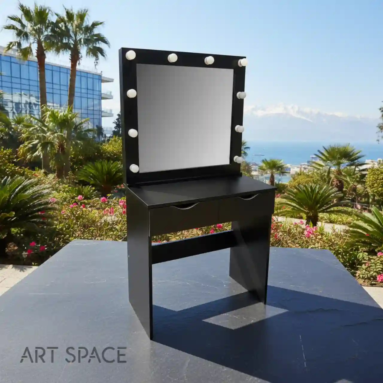 Гримерные столы для визажиста MAKE UP - ЛДСП с зеркалом, подсветкой, широкие, черного цвета