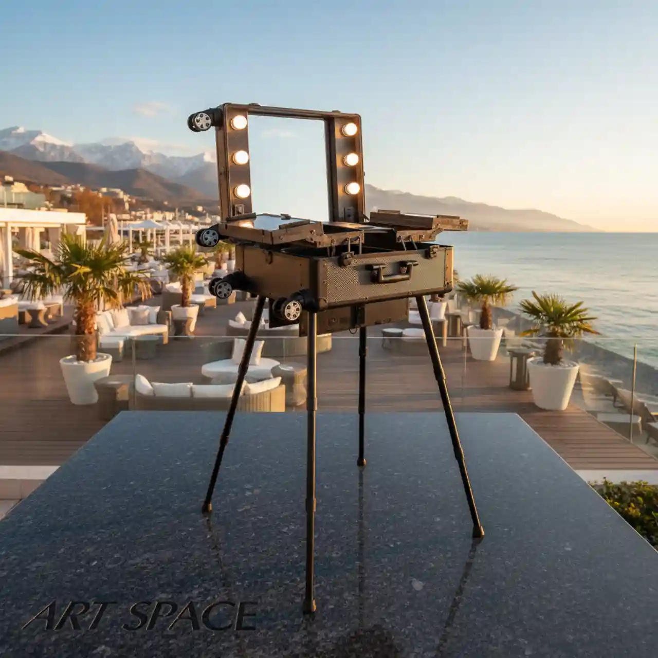 Гримерные СТАНЦИИ - столы для визажиста MAKE UP с зеркалом, подсветкой, ЧЕМОДАН черного цвета. Для помещений и улицы в сухую погоду. Возможно брендирование в любой цвет, нанесение изображения и логотипа