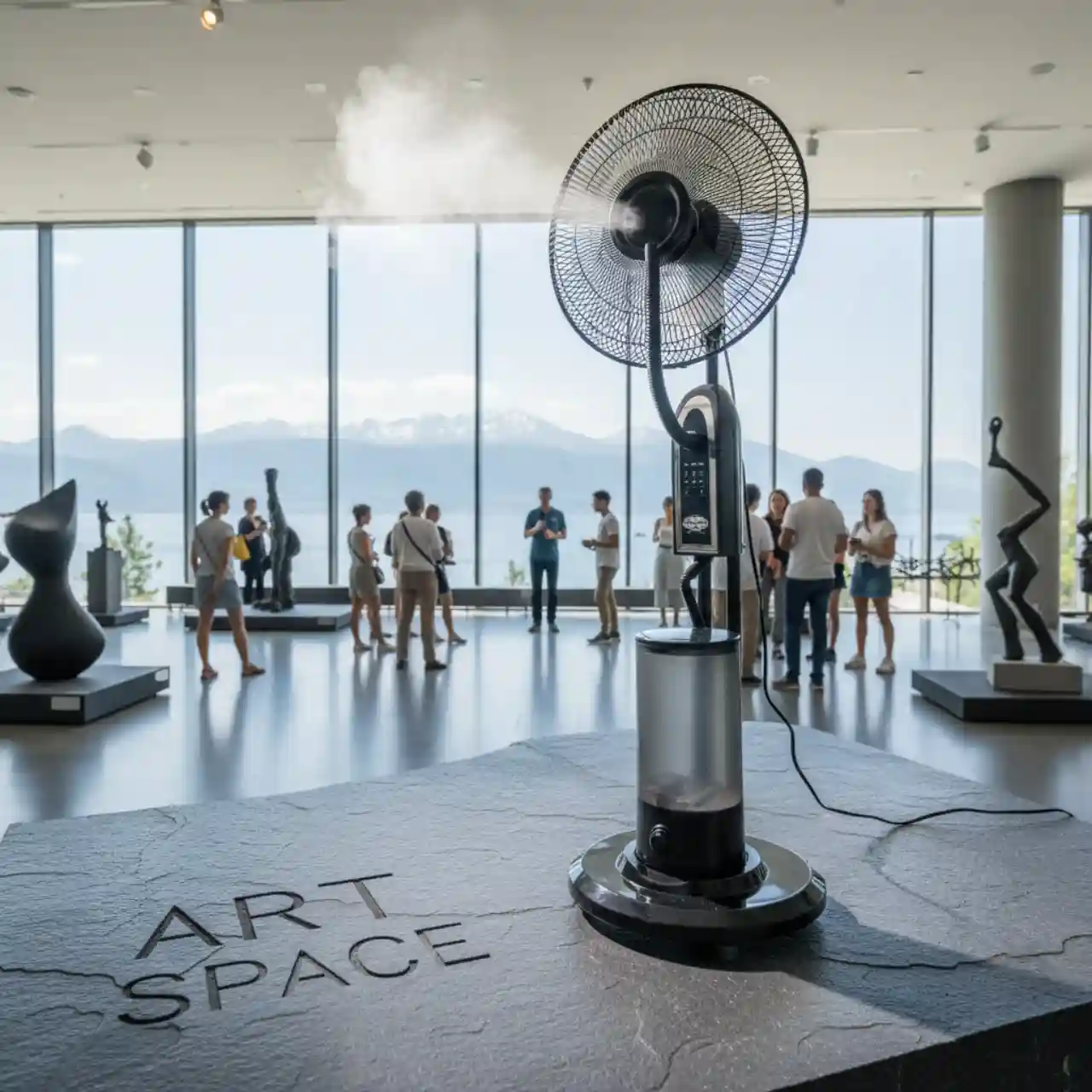 Вентиляторы с распылением воды ПРОМЫШЛЕННЫЕ MINI увлажнители – охладители помещений. Для помещений и улицы в сухую погоду. Материал: металл, пластик. Объем воды: 3 литра