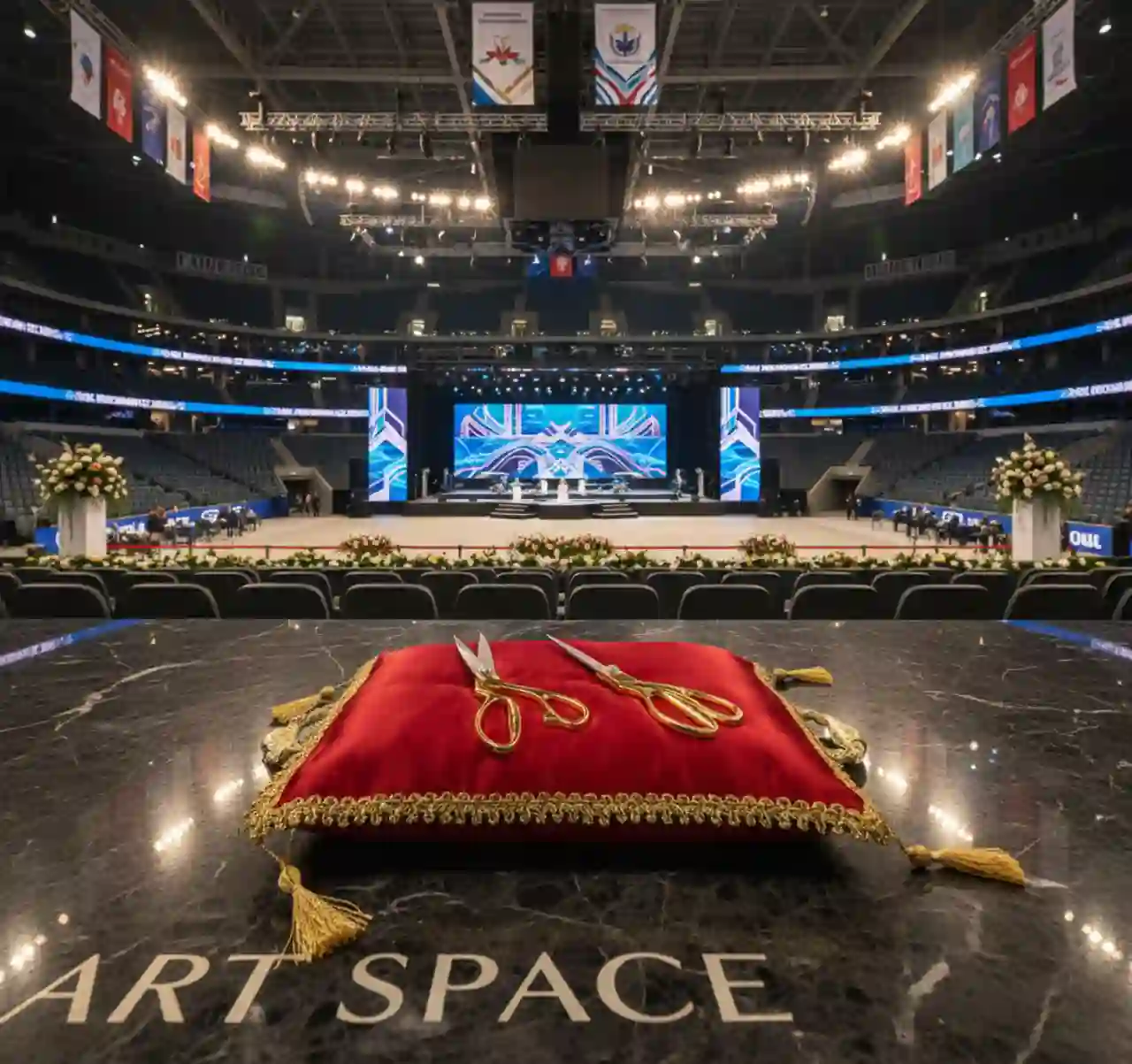 Наборы для церемонии открытия разных размеров. Для помещений и улицы в сухую погоду. Цвет: бордовый с золотой окантовкой