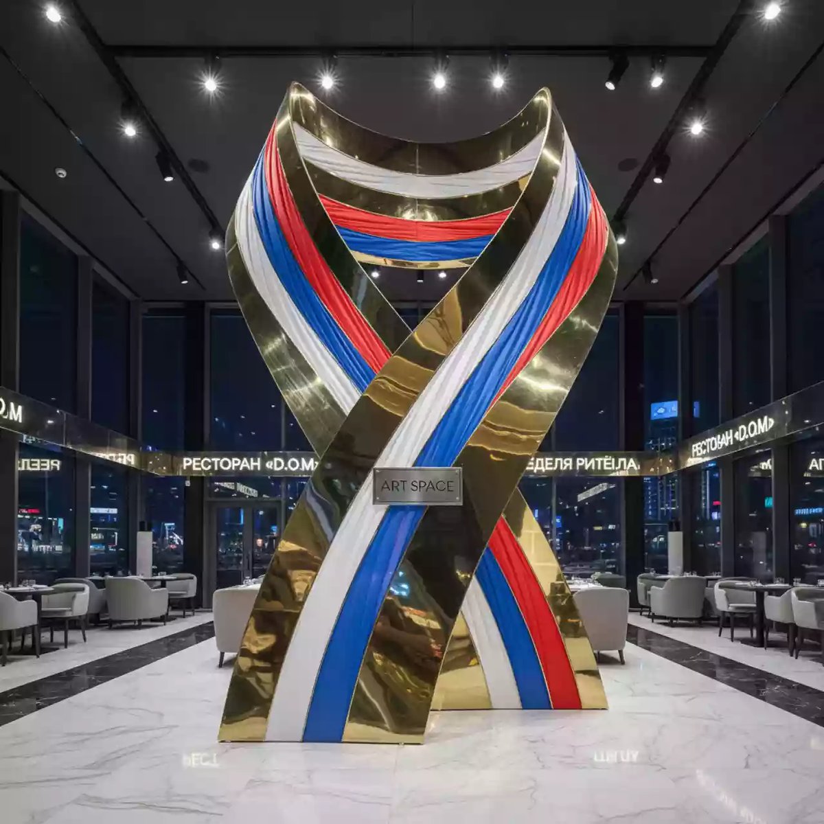 Аренда Аэрофонтаны триколоры в форме георгиевской ленты золотые и серебристые в ресторане «D.O.M» — ART SPACE