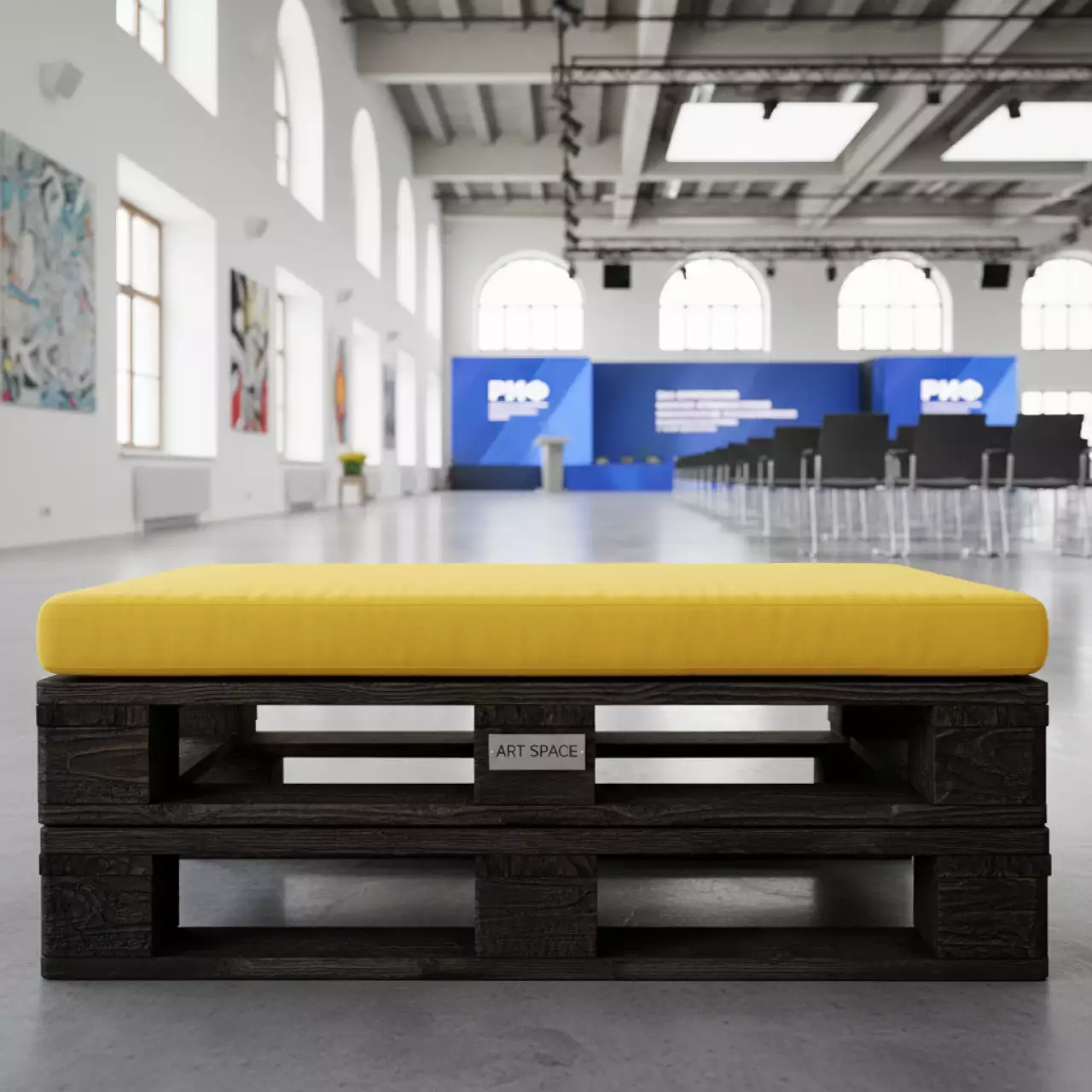 Аренда Банкетка из паллет обожженная с желтой подушкой в Зале органной и камерной музыки — ART SPACE