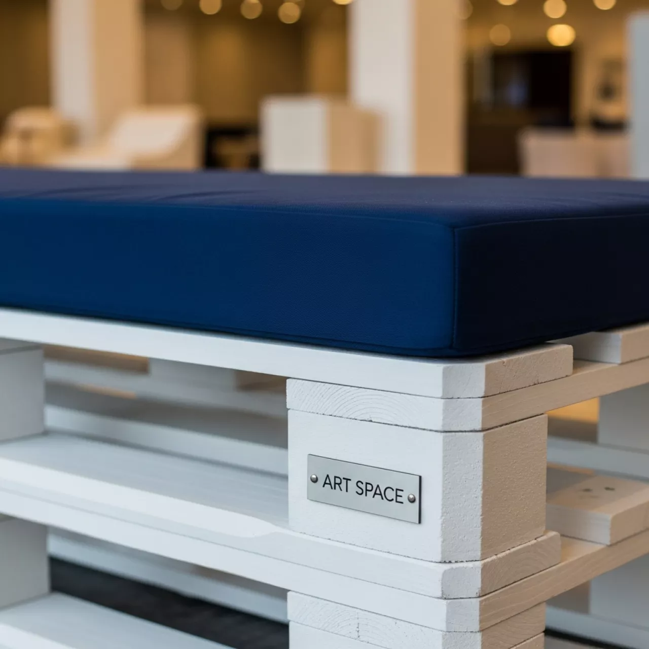 Аренда Банкетка из поддонов белая с синей подушкой в Golden Tulip Rosa Khutor — ART SPACE