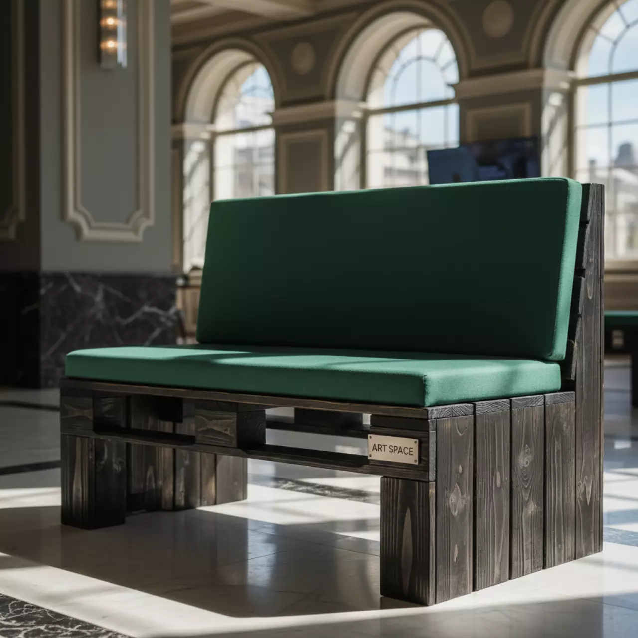 Аренда Банкетка обожженная из поддонов с зеленой подушкой в Stella di Mosca — ART SPACE