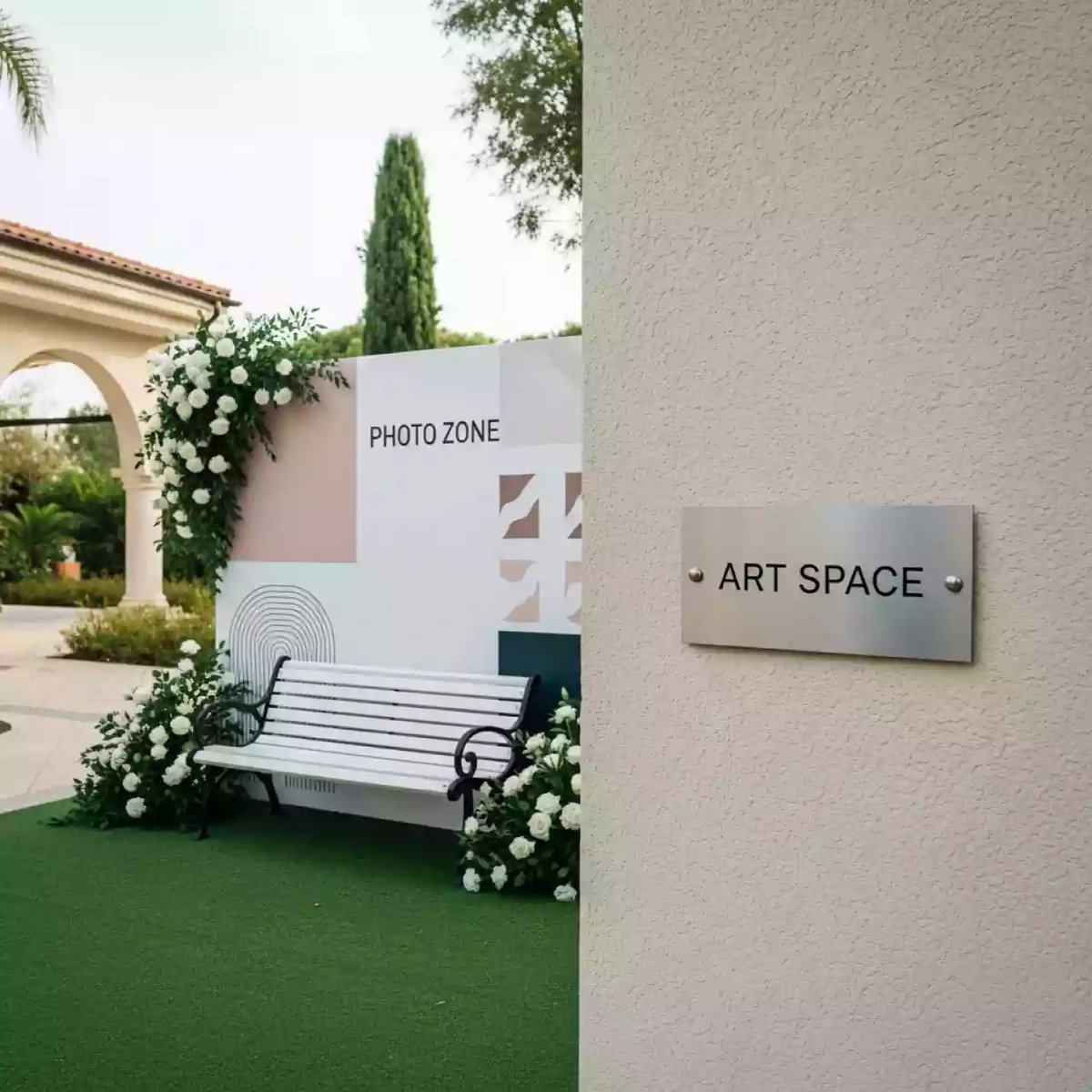 Аренда Баннер свадебный с белой скамейкой в санатории «Сочи» — ART SPACE