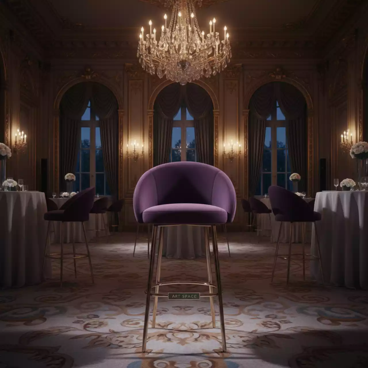 Аренда Барный стул Арканес золотая база велюр фиолетовый в усадьбе Голицына — ART SPACE