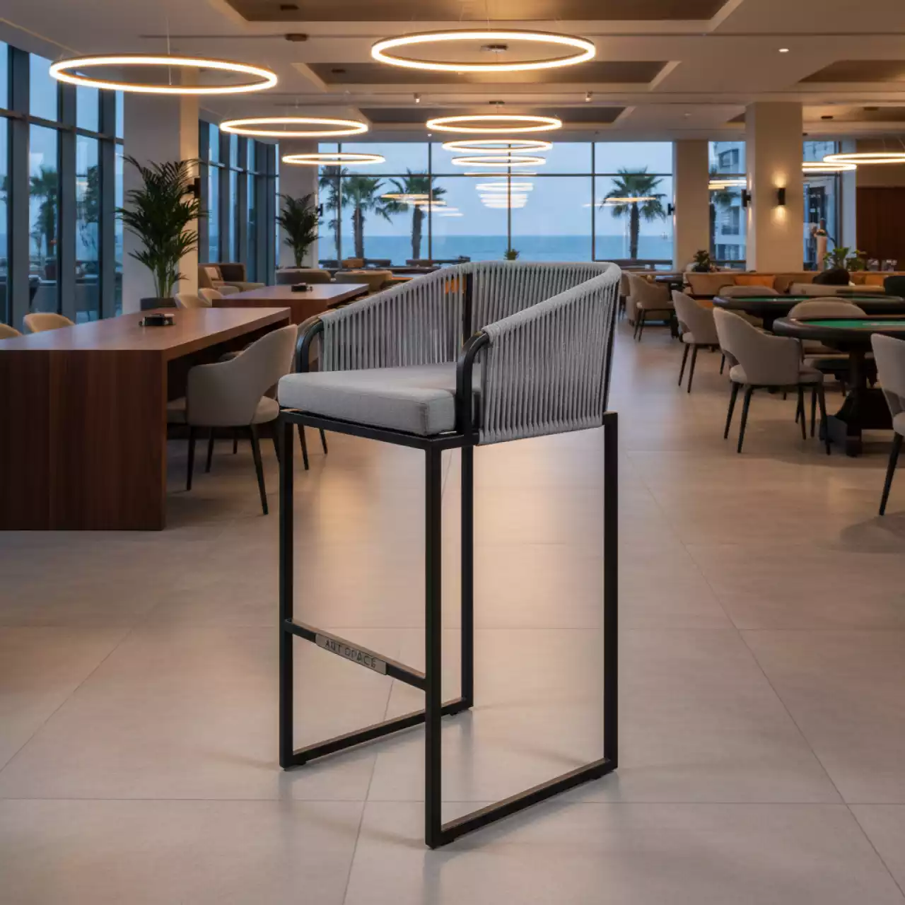 Аренда Барный стул плетеный из светло серого роупа Марсель стальной каркас ткань в Sport Inn Hotel & Wellness — ART SPACE