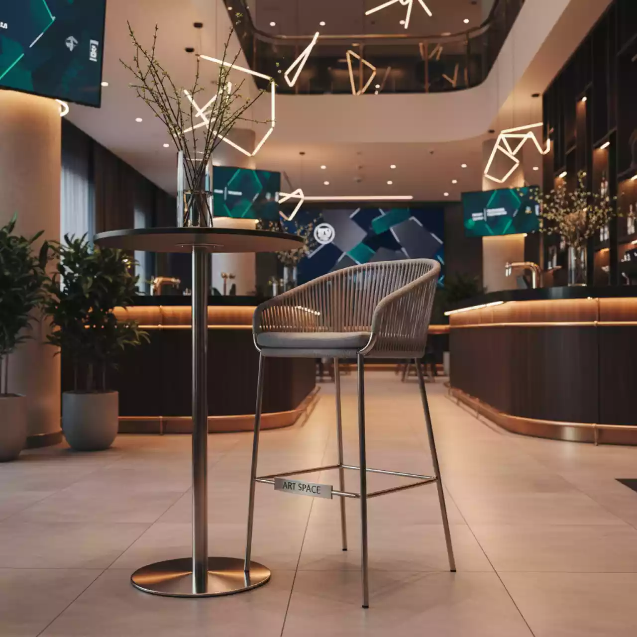 Аренда Барный стул плетеный из светло серого роупа Марсель стальной каркас в Cosmos Sochi Hotel — ART SPACE