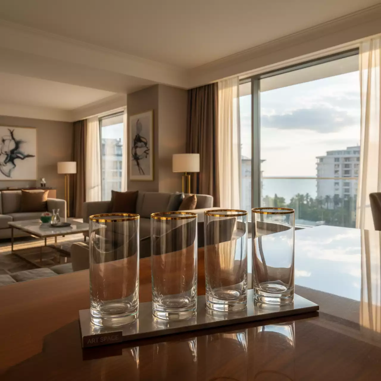 Аренда Бокалы Эванс прозрачные с золотым кантом набор из 4 в Cosmos Sochi Hotel — ART SPACE