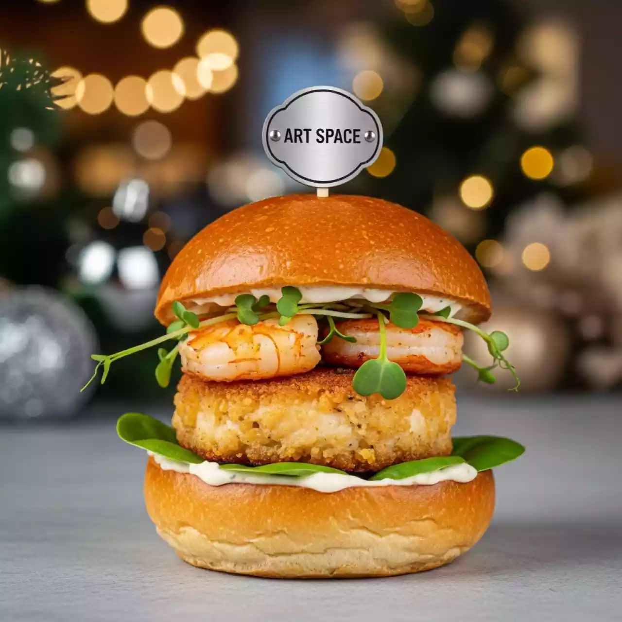 Аренда Бургер Мини с котлетой из креветок и трески в Gamma Sirius — ART SPACE