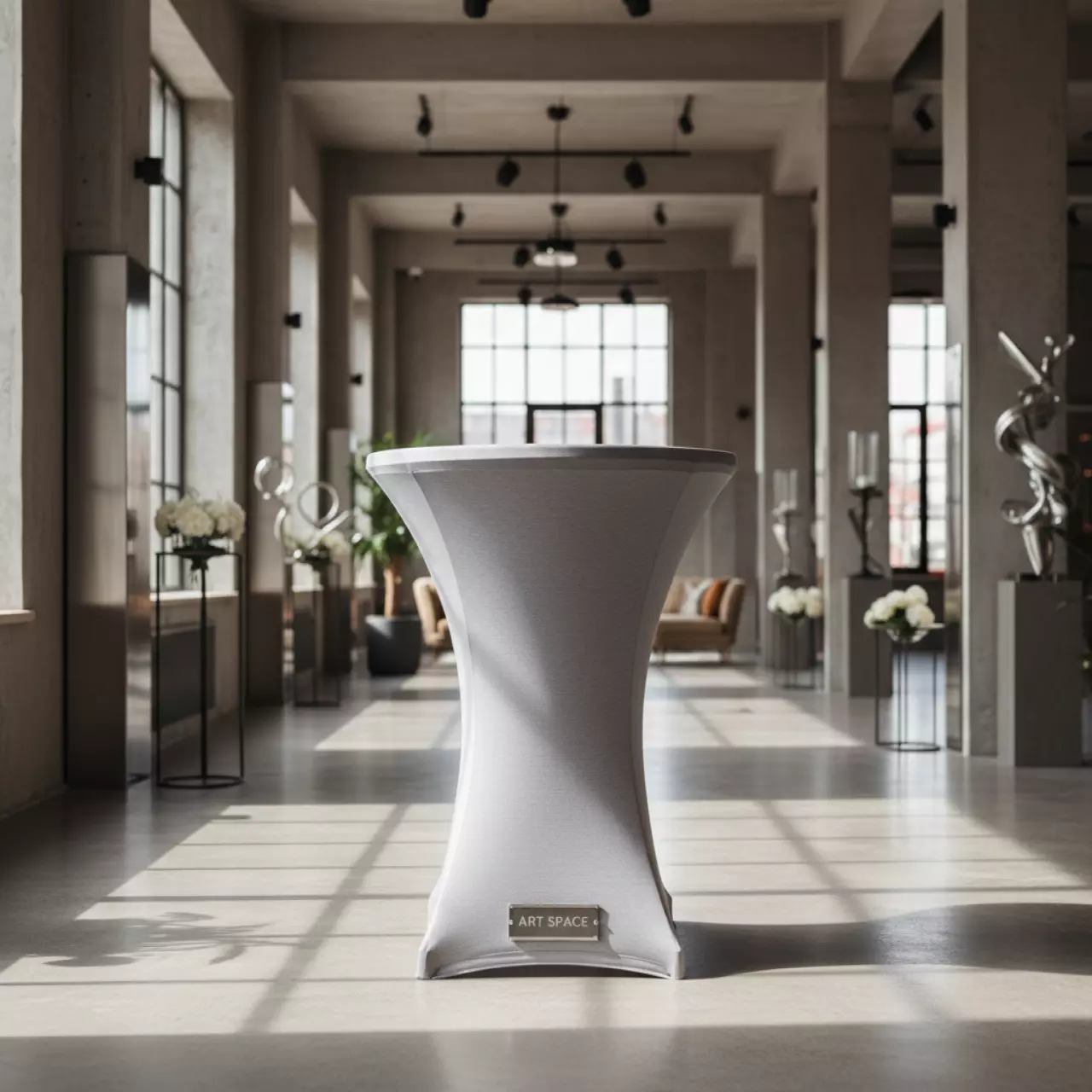 Аренда Чехол стрейч на коктейльный стол 110х70 светло серый в Boutique Hotel PORTUM 1905 — ART SPACE