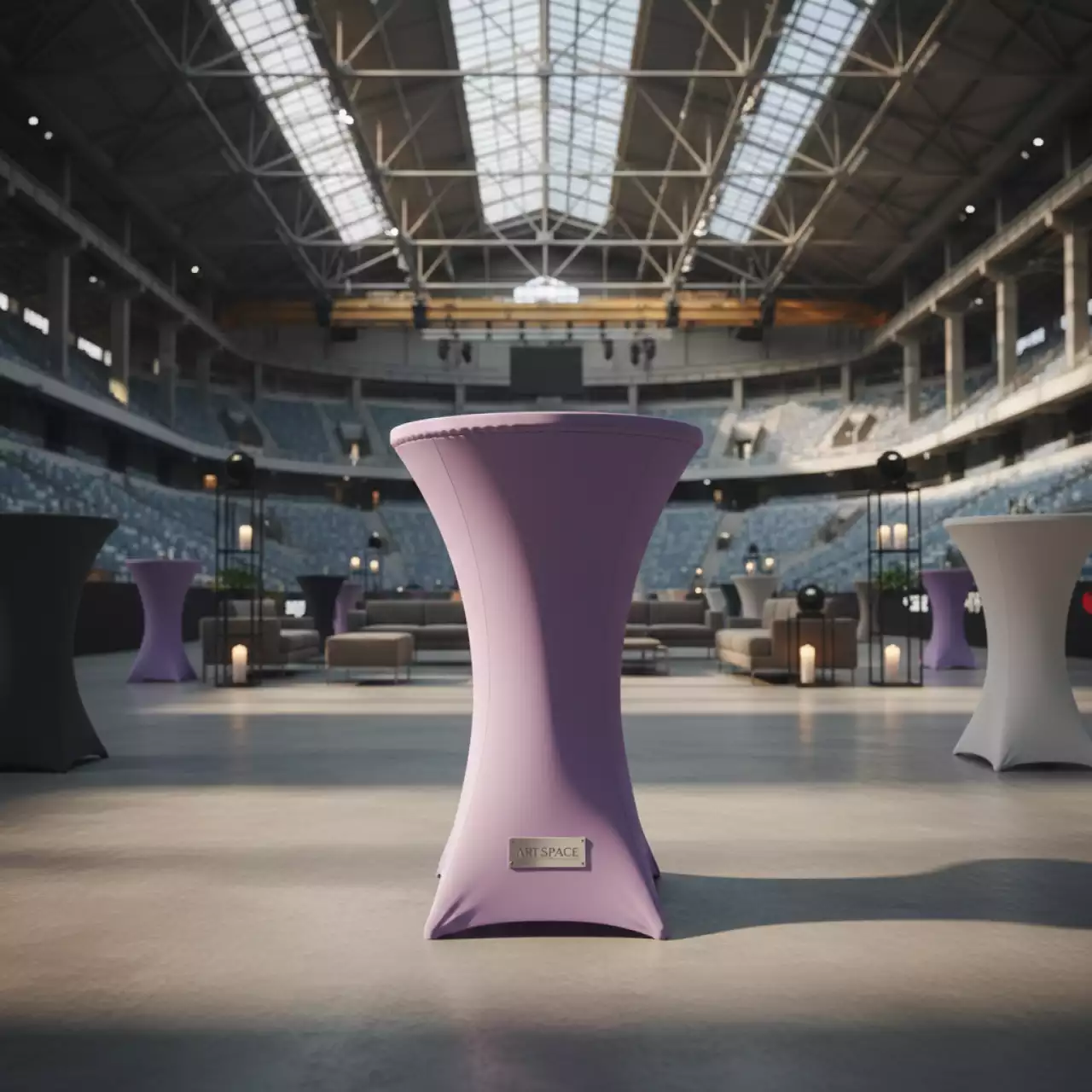 Аренда Чехол стрейч на коктейльный стол сиреневый 110х70 на арене «Фишт» — ART SPACE