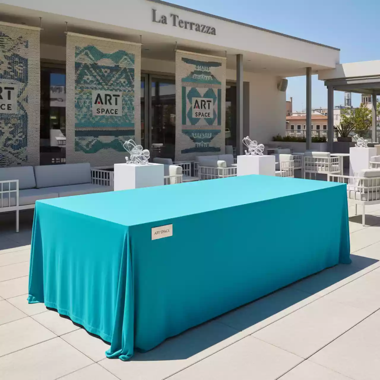 Аренда Чехол стрейч на стол 180х80 бирюзовый в ресторане «La Terrazza» — ART SPACE