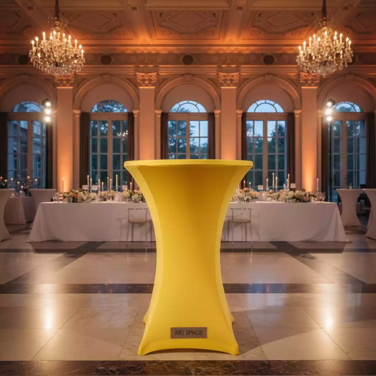 Аренда Чехол стрейч текстиль для коктейльного стола желтый в усадьбе Голицына — ART SPACE