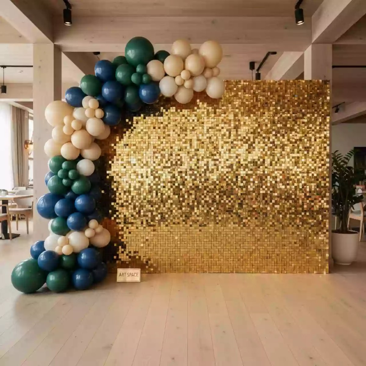 Аренда Декор фотозона из золотых пайеток с шарами в ресторане «Баран-Рапан» — ART SPACE