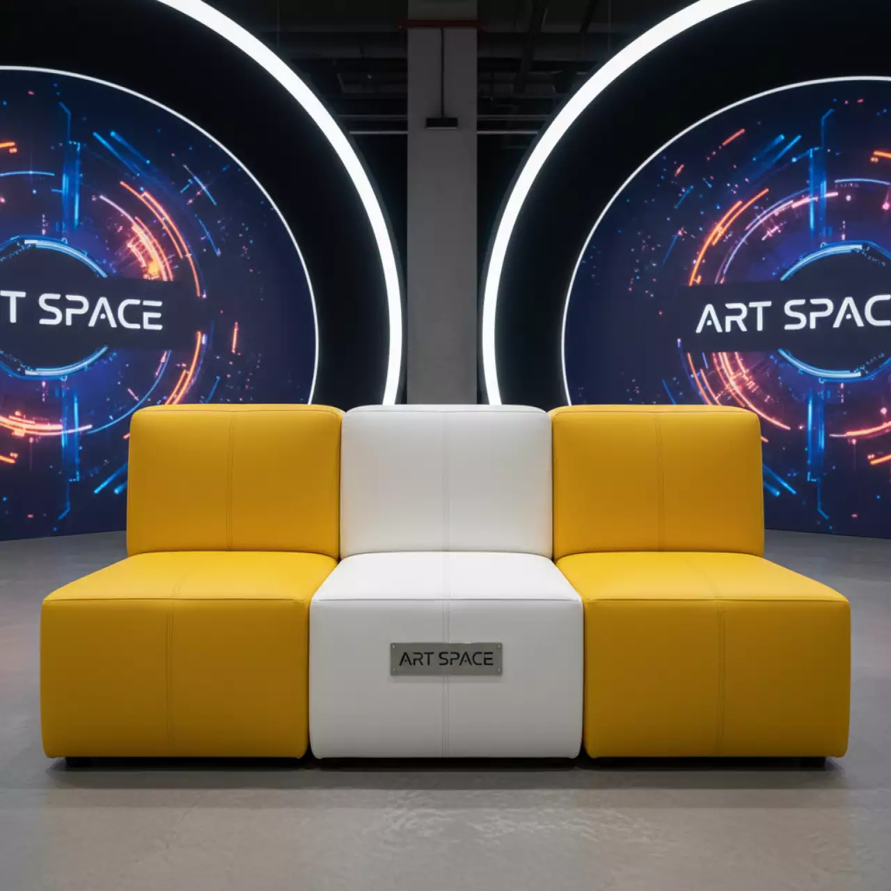 Аренда Диван бело желтый Cube из экокожи 03 033YL в этно-парке «Моя Россия» — ART SPACE