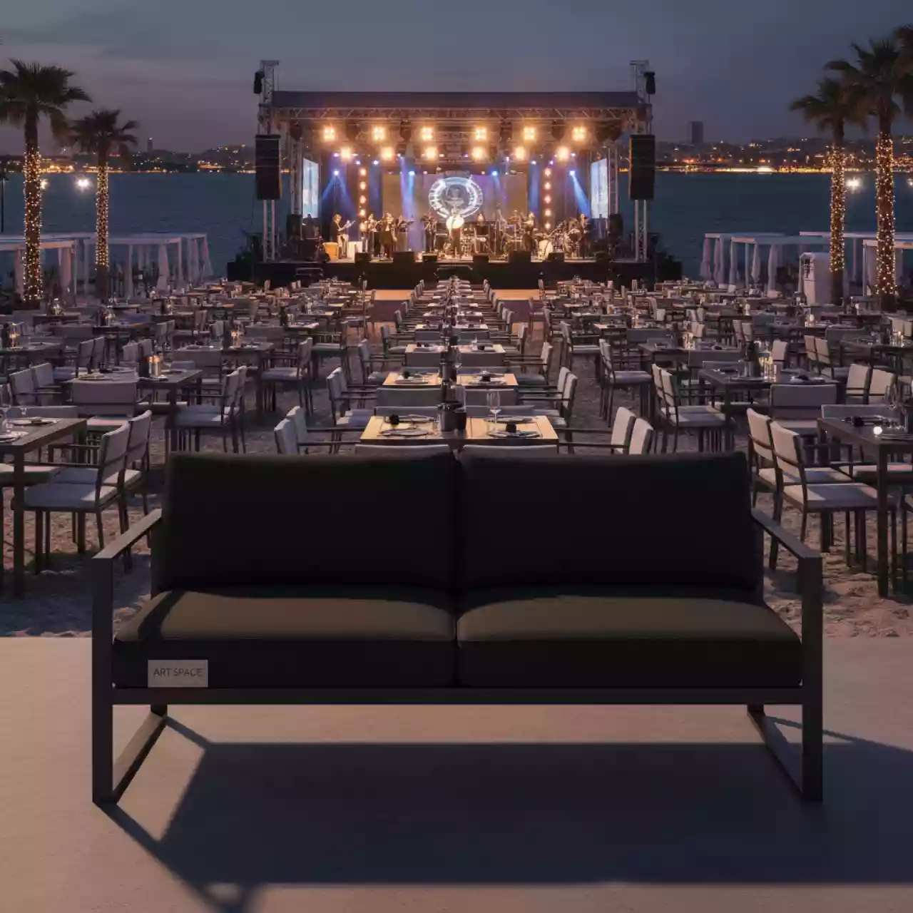 Аренда Диван черный на металлокаркасе в пляжном клубе Del Mar — ART SPACE