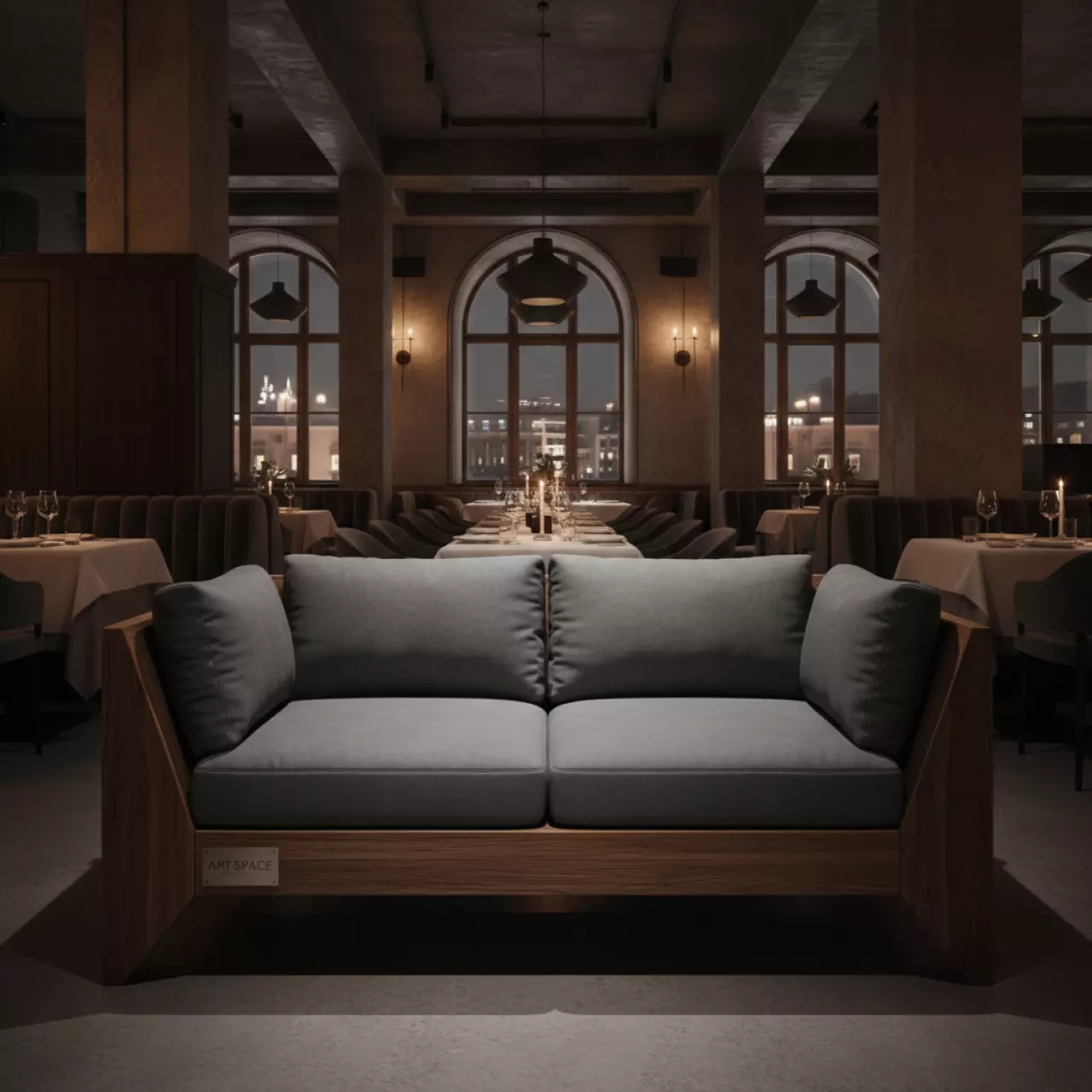 Аренда Диван деревянный Maynard с подушками в ресторане «La Terrazza» — ART SPACE