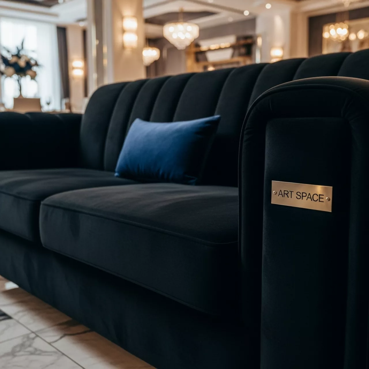 Аренда Диван двухместный черный с синей подушкой в казино «Сочи» — ART SPACE