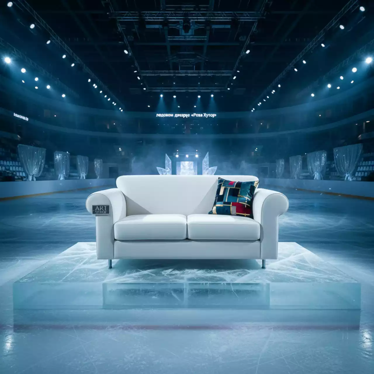 Аренда Диван двухместный White с разноцветной подушкой в ледовом дворце «Роза Хутор» — ART SPACE