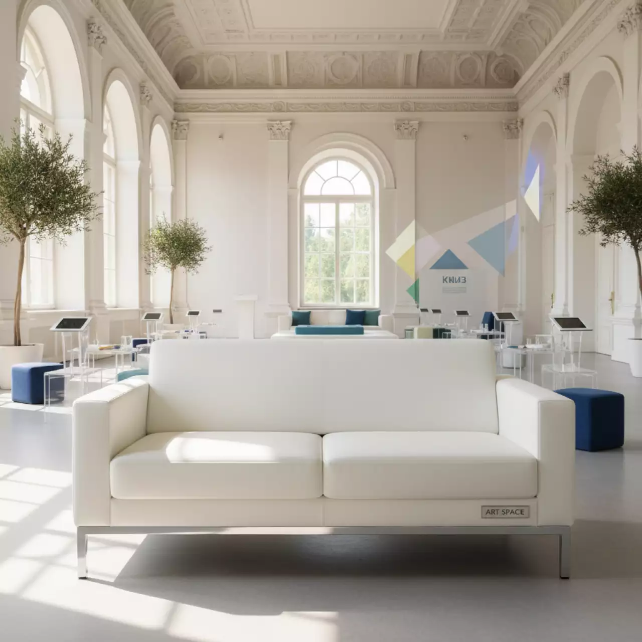 Аренда Диван экокожа Cometa белый ножки хром Хонер в усадьбе Голицына — ART SPACE