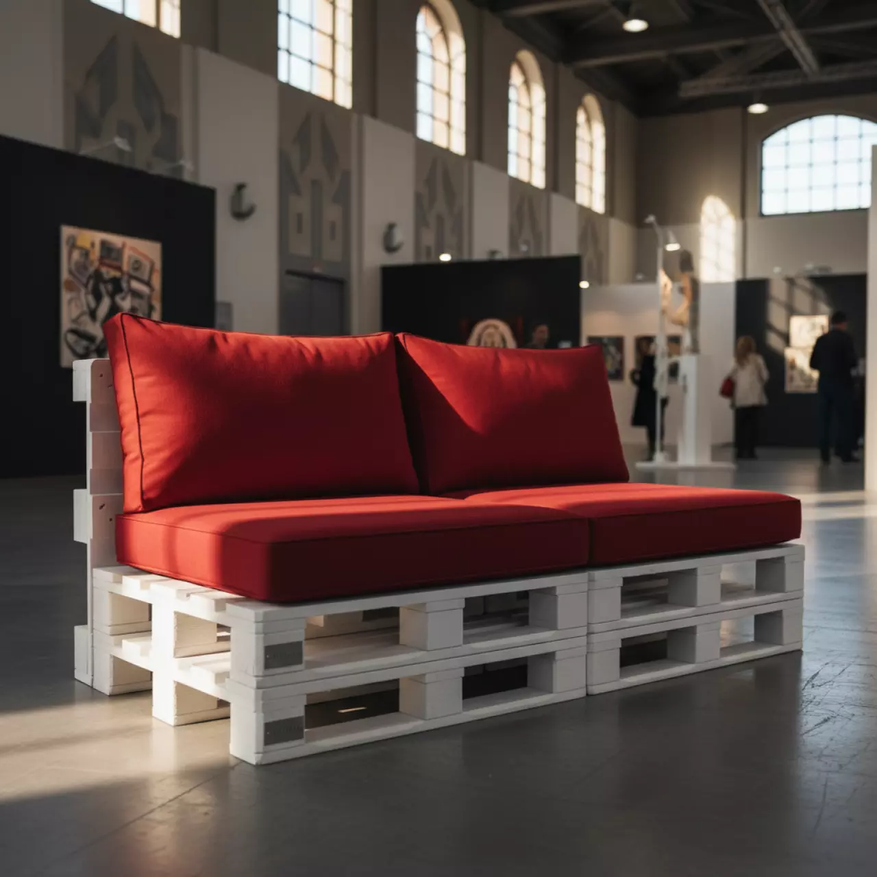 Аренда Диван из паллет двухместный белый с красной подушкой в ледовой арене «Шайба» — ART SPACE