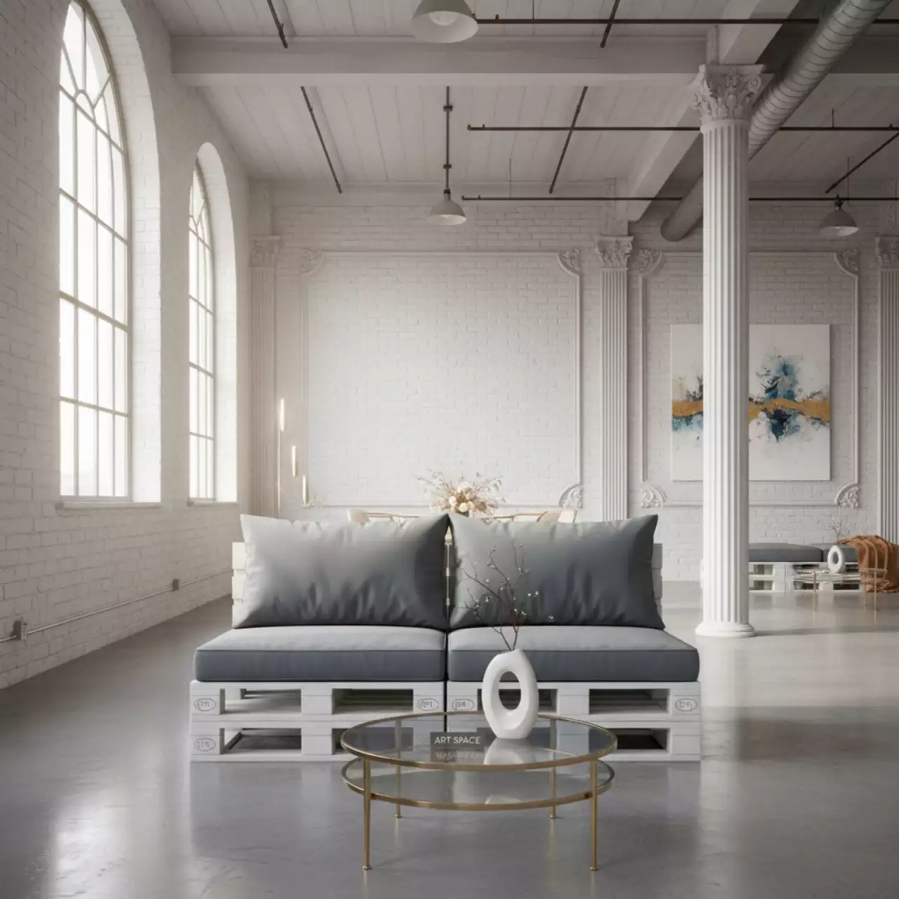 Аренда Диван из паллет двухместный белый с серыми подушками в лофте «Студия 21» — ART SPACE
