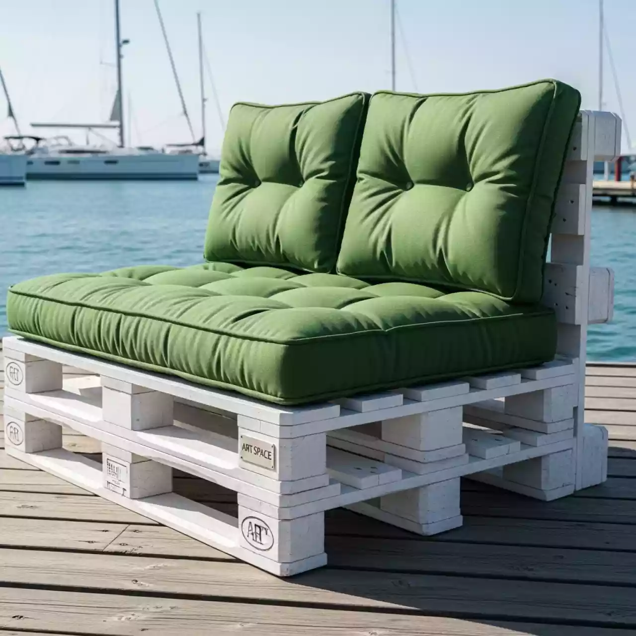 Аренда Диван из паллет двухместный белый с зеленой подушкой на парусной регате (Сочи) — ART SPACE
