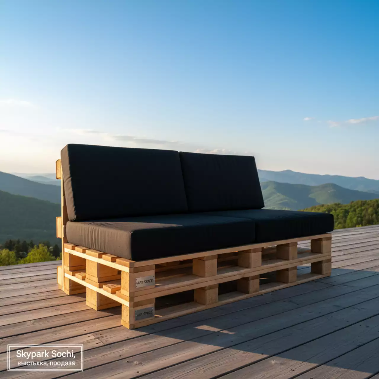 Аренда Диван из паллет двухместный с черной подушкой в Skypark Sochi — ART SPACE
