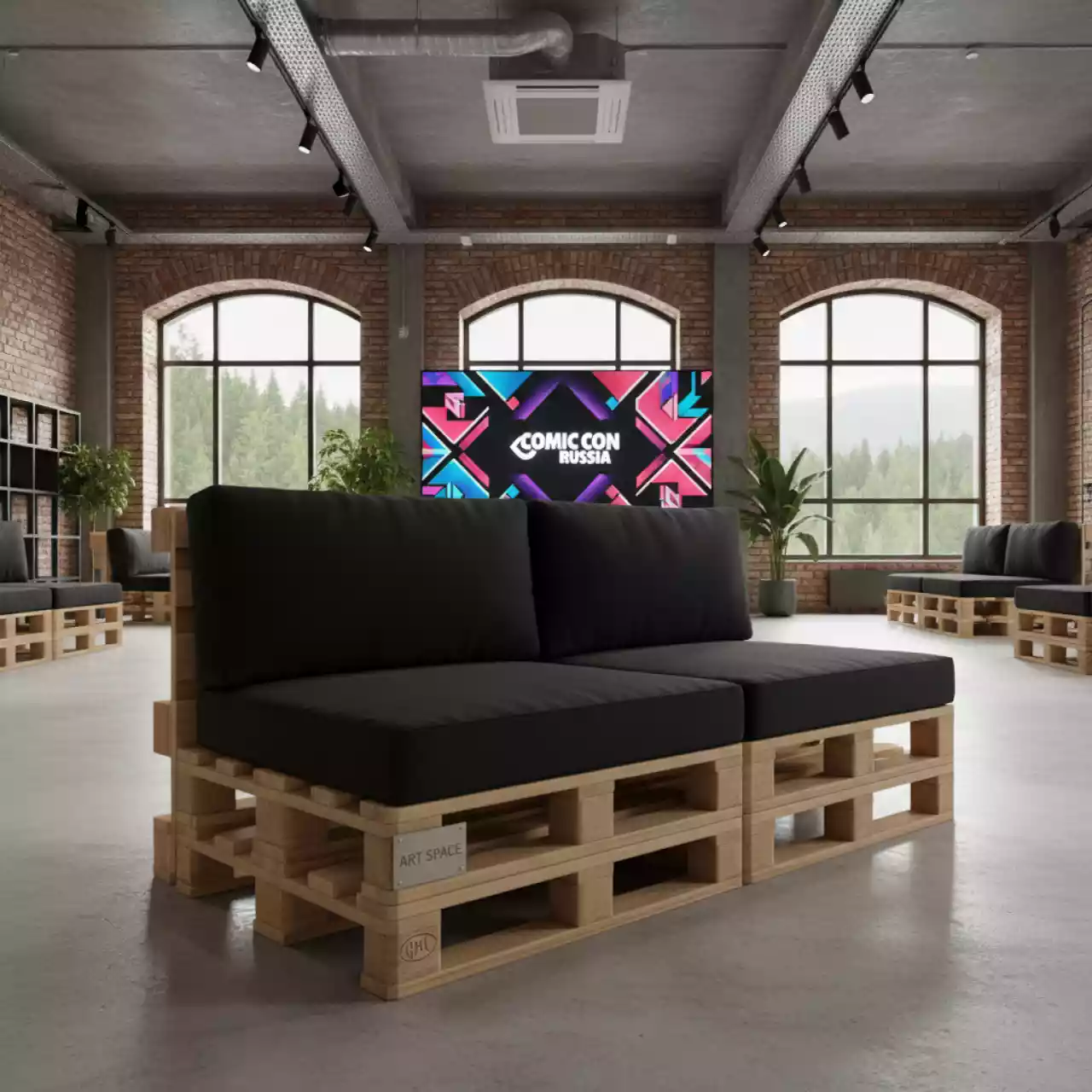 Аренда Диван из паллет двухместный с черными подушками в Green Flow Hotel — ART SPACE