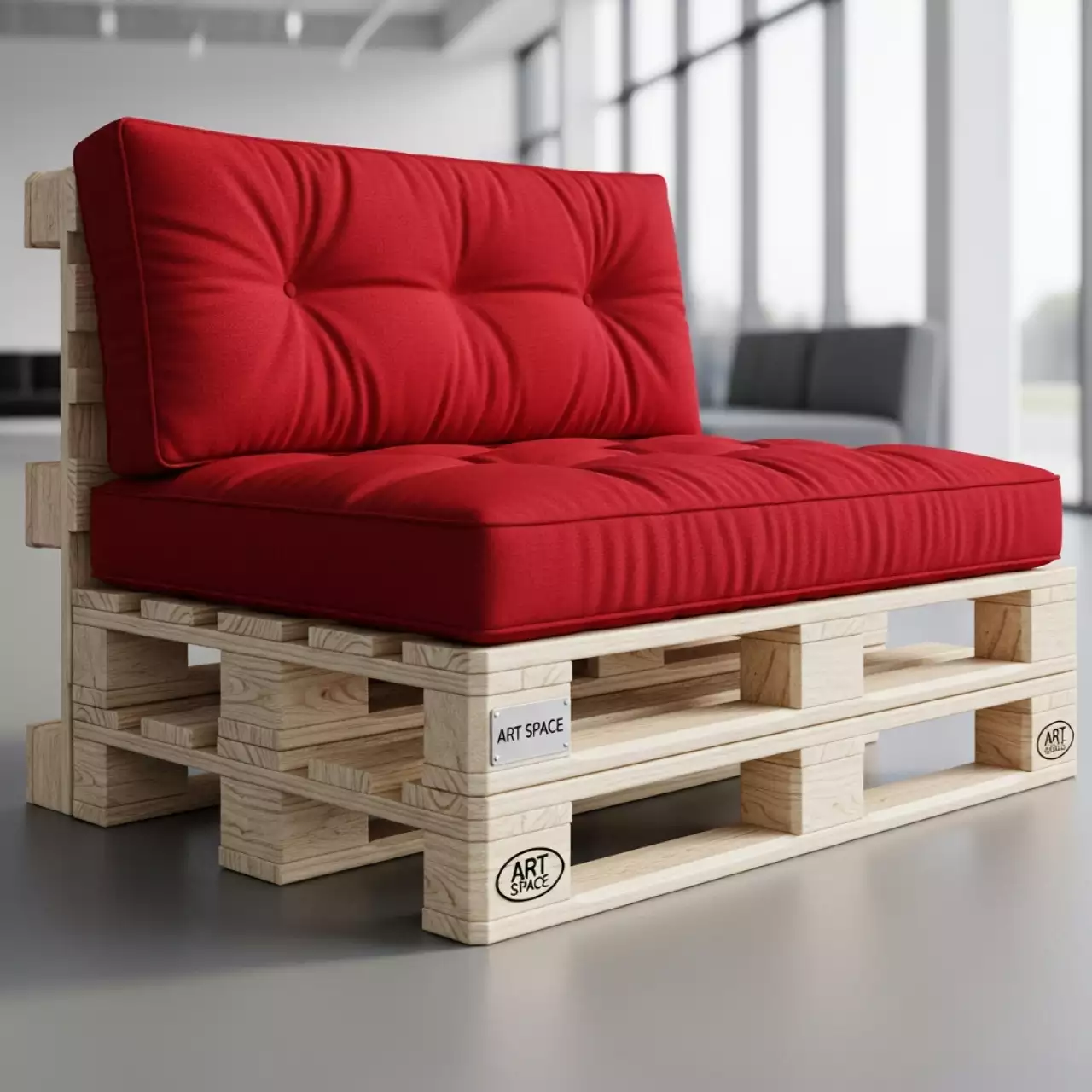 Аренда Диван из паллет двухместный с красной подушкой на Сочи Автодроме — ART SPACE