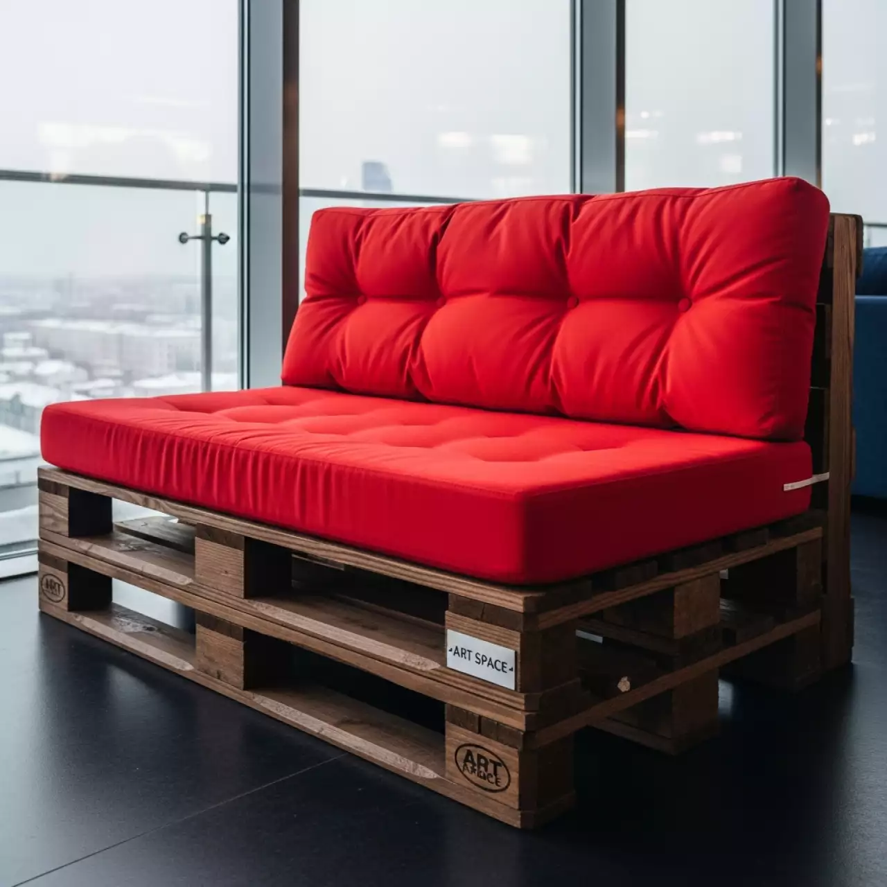 Аренда Диван из паллет двухместный с красными подушками в ресторане «Voda» — ART SPACE