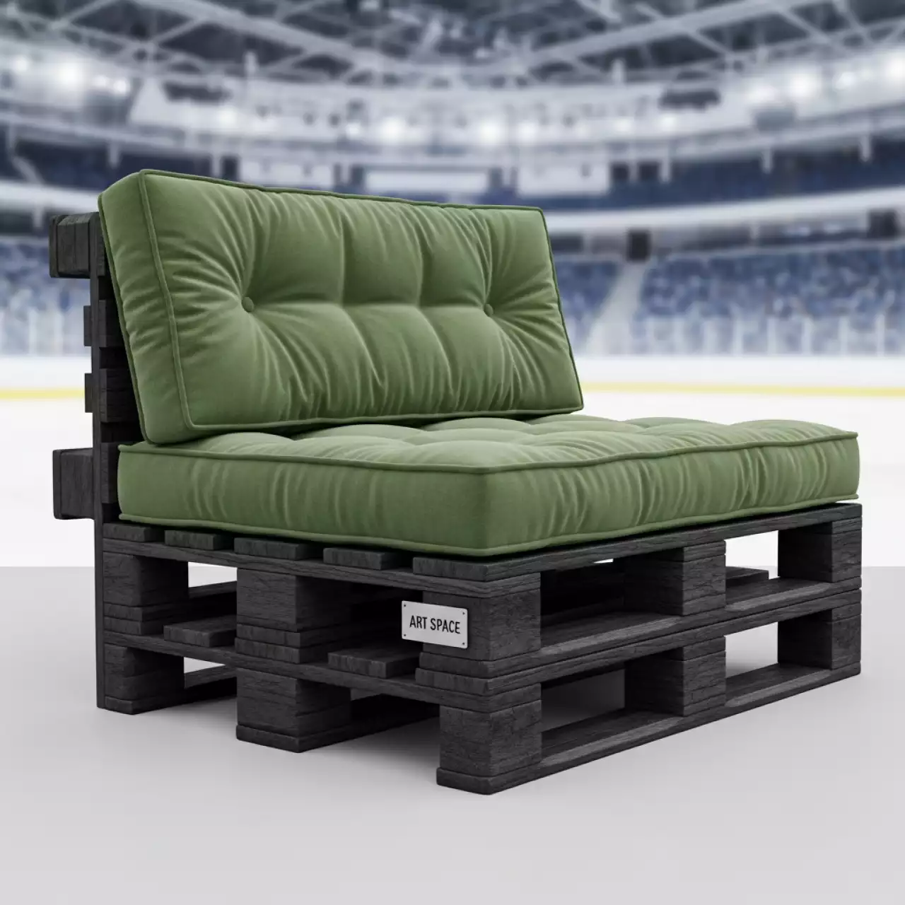 Аренда Диван из паллет двухместный с зеленой подушкой в ледовом дворце «Роза Хутор» — ART SPACE